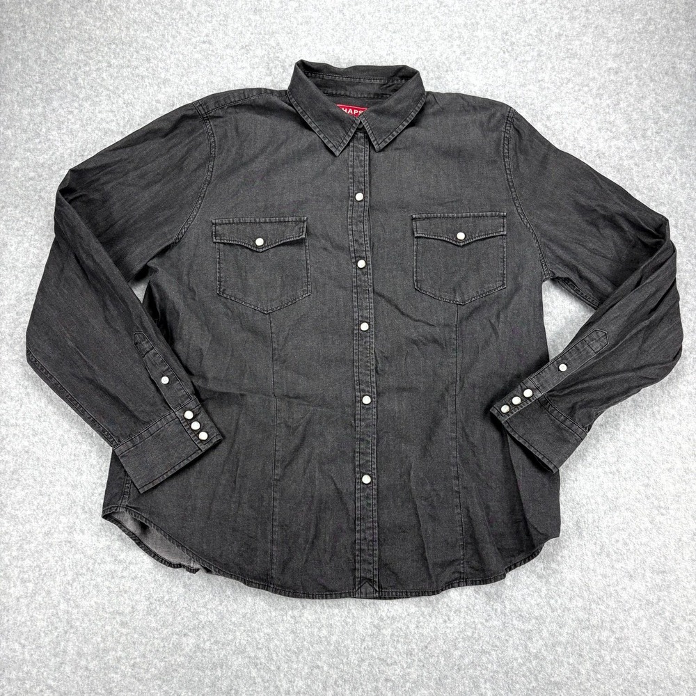 Chaps Shirt Womens XL Black Denim Cowgirl Western Pockets Long Sleeve Pearl Snap